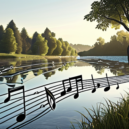 Home 15 **Image Prompt:** A serene landscape with a musical staff superimposed, notes flowing like a river, blending nature and musical notation.