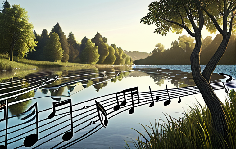 **Image Prompt:** A serene landscape with a musical staff superimposed, notes flowing like a river, blending nature and musical notation.