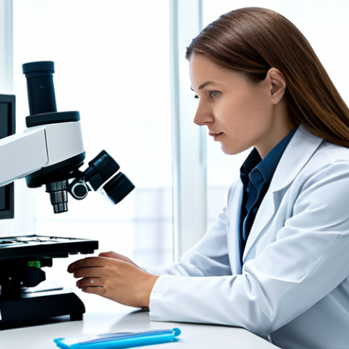 Home 14 A professional female scientist in a clean white lab coat and modest professional dress, focused intently while working at a high-tech microscopy station in a modern, well-lit genetic engineering laboratory. The background features subtle, abstract representations of DNA strands and sophisticated lab equipment, conveying precision and scientific advancement. Fully clothed, appropriate attire, safe for work, appropriate content, perfect anatomy, correct proportions, natural pose, well-formed hands, proper finger count, natural body proportions, professional photography, high quality, family-friendly.