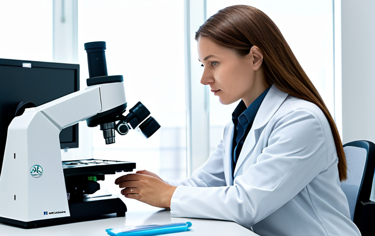 A professional female scientist in a clean white lab coat and modest professional dress, focused intently while working at a high-tech microscopy station in a modern, well-lit genetic engineering laboratory. The background features subtle, abstract representations of DNA strands and sophisticated lab equipment, conveying precision and scientific advancement. Fully clothed, appropriate attire, safe for work, appropriate content, perfect anatomy, correct proportions, natural pose, well-formed hands, proper finger count, natural body proportions, professional photography, high quality, family-friendly.