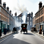 **

A bustling 19th-century English industrial town, filled with factories emitting smoke. Workers in modest, practical clothing are heading to work. Horse-drawn carriages and early steam-powered vehicles fill the streets. "Safe for work," "appropriate content," "fully clothed," "professional," "natural proportions," "perfect anatomy."

**