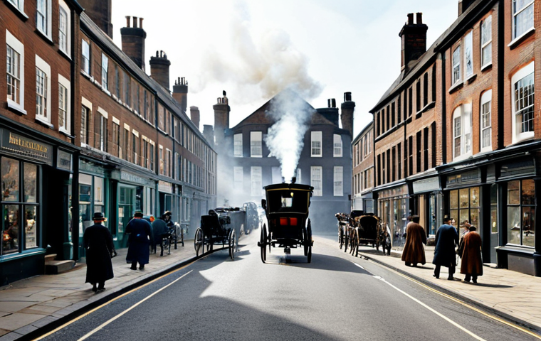 **
A bustling 19th-century English industrial town, filled with factories emitting smoke. Workers in modest, practical clothing are heading to work. Horse-drawn carriages and early steam-powered vehicles fill the streets. "Safe for work," "appropriate content," "fully clothed," "professional," "natural proportions," "perfect anatomy."
**