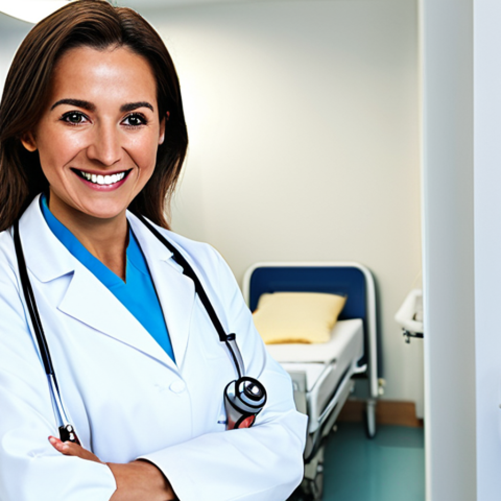 **

"A professional female doctor, fully clothed in a modest white coat, stethoscope around her neck, smiling warmly in a bright and clean hospital environment, appropriate attire, safe for work, perfect anatomy, natural proportions, professional medical photography, family-friendly."

**