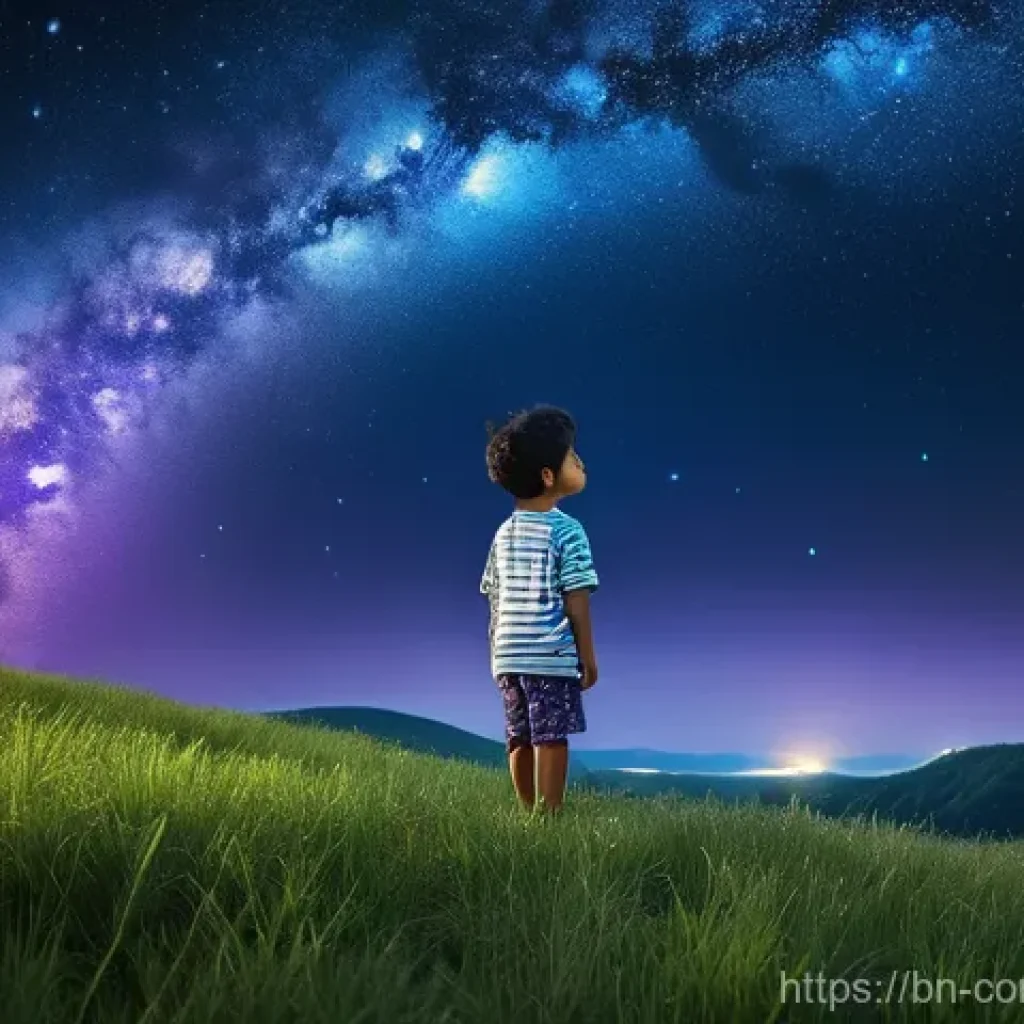 우주 탐사 - **Prompt: Childhood Wonder under a Cosmic Sky**
    "A young child, approximately 7-8 years old, of ...