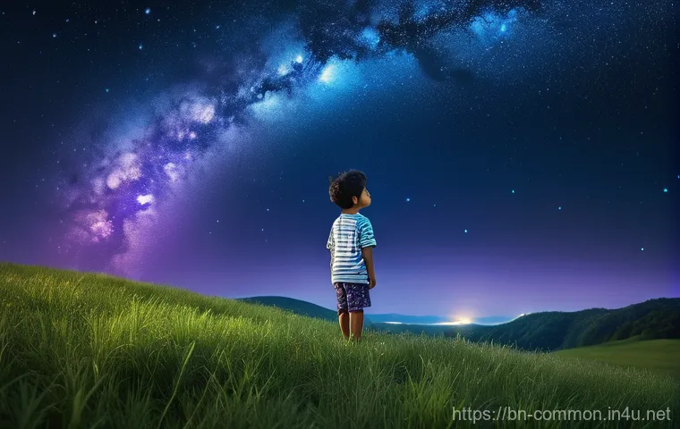 우주 탐사 - **Prompt: Childhood Wonder under a Cosmic Sky**
"A young child, approximately 7-8 years old, of ...
