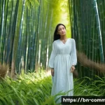 영화 촬영 기법 - **Prompt 1: "Morning Serenity in a Bamboo Grove"**
"A serene young woman stands in a dense bambo...