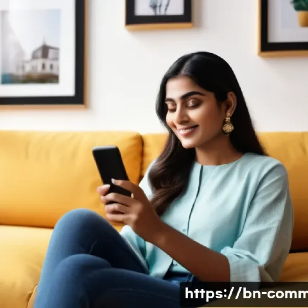모바일 기술 - A young Bengali professional woman sitting comfortably in a modern living room, using a sleek smartp...