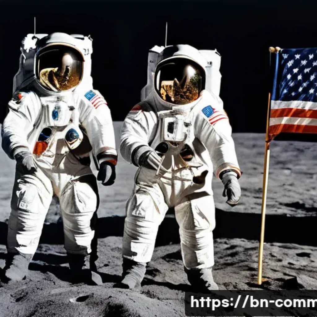 우주 탐사 역사 - A detailed, realistic illustration of the historic Apollo 11 moon landing scene showing astronauts N...