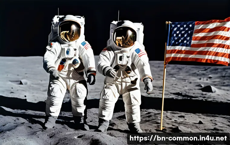 우주 탐사 역사 - A detailed, realistic illustration of the historic Apollo 11 moon landing scene showing astronauts N...
