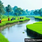 Home 22 지구 생태계 - A vibrant rural landscape in Bangladesh showcasing a diverse ecosystem where lush green trees provid...