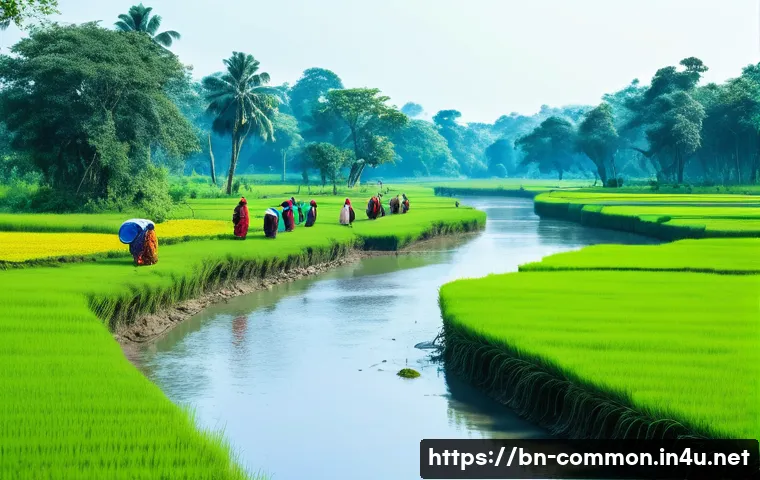 지구 생태계 - A vibrant rural landscape in Bangladesh showcasing a diverse ecosystem where lush green trees provid...