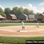 Home 21 야구 역사 - A lively scene depicting a 19th-century American small town baseball game in the late 1800s, featuri...