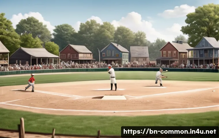 야구 역사 - A lively scene depicting a 19th-century American small town baseball game in the late 1800s, featuri...
