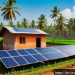 Home 20 미래의 에너지 - A detailed scene showing a traditional Bengali rural village with a modern solar panel installation ...