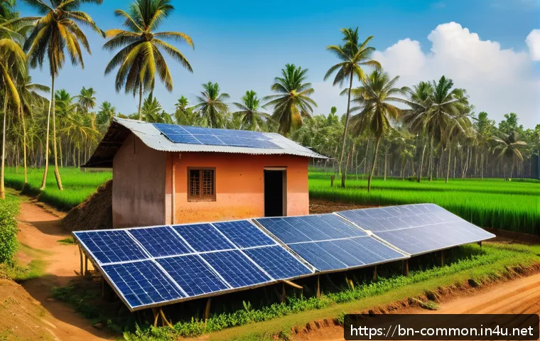 미래의 에너지 - A detailed scene showing a traditional Bengali rural village with a modern solar panel installation ...