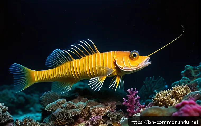 대양 탐험 - A highly detailed underwater scene showcasing a mysterious deep-sea dragonfish and golden quillfish ...