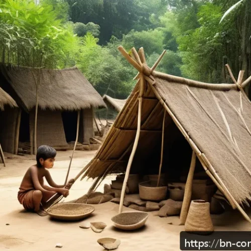 Home 17 고대 인류의 기술 - A detailed scene of an ancient Bengali village setting during the Stone Age, showcasing early humans...