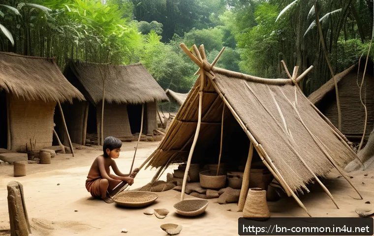 고대 인류의 기술 - A detailed scene of an ancient Bengali village setting during the Stone Age, showcasing early humans...