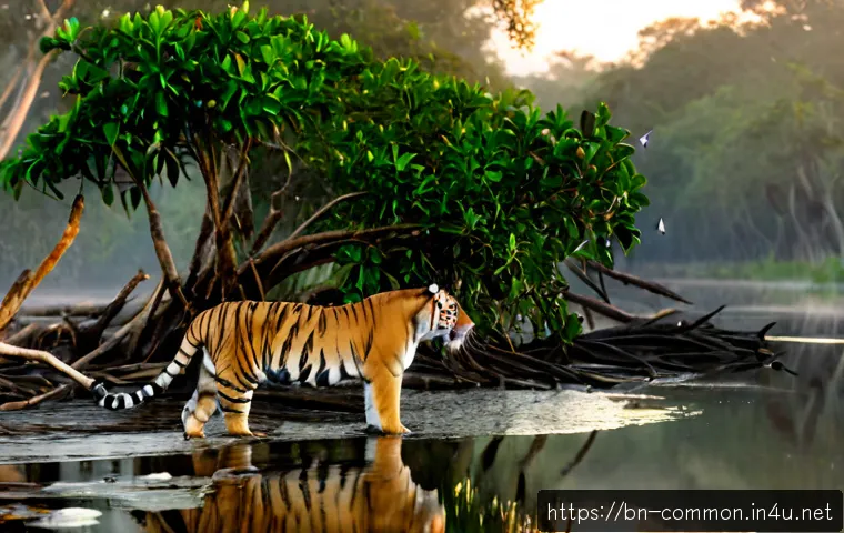 동물의 생태 - Photorealistic Bengal tiger standing quietly at the edge of a misty mangrove forest wetland, calm wa...